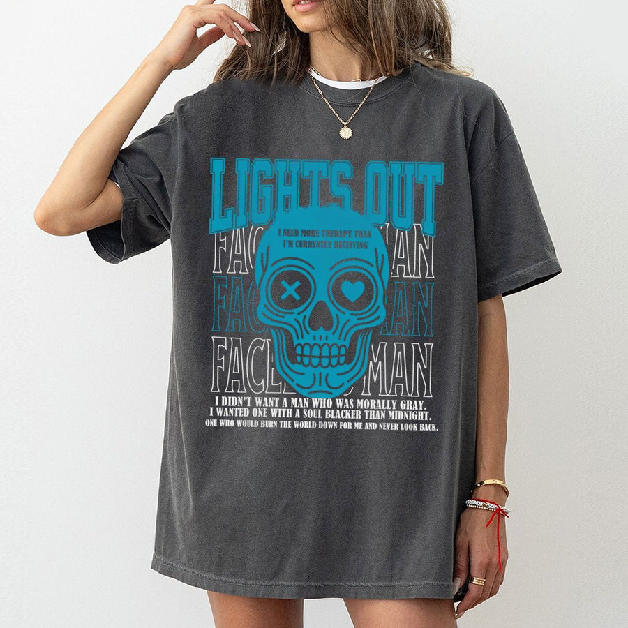 Lights Out Skull T-Shirt | Edgy Aesthetic Graphic Print | Premium 100% Cotton Tee | Gift for Dark Humor & Dark Romance Fans