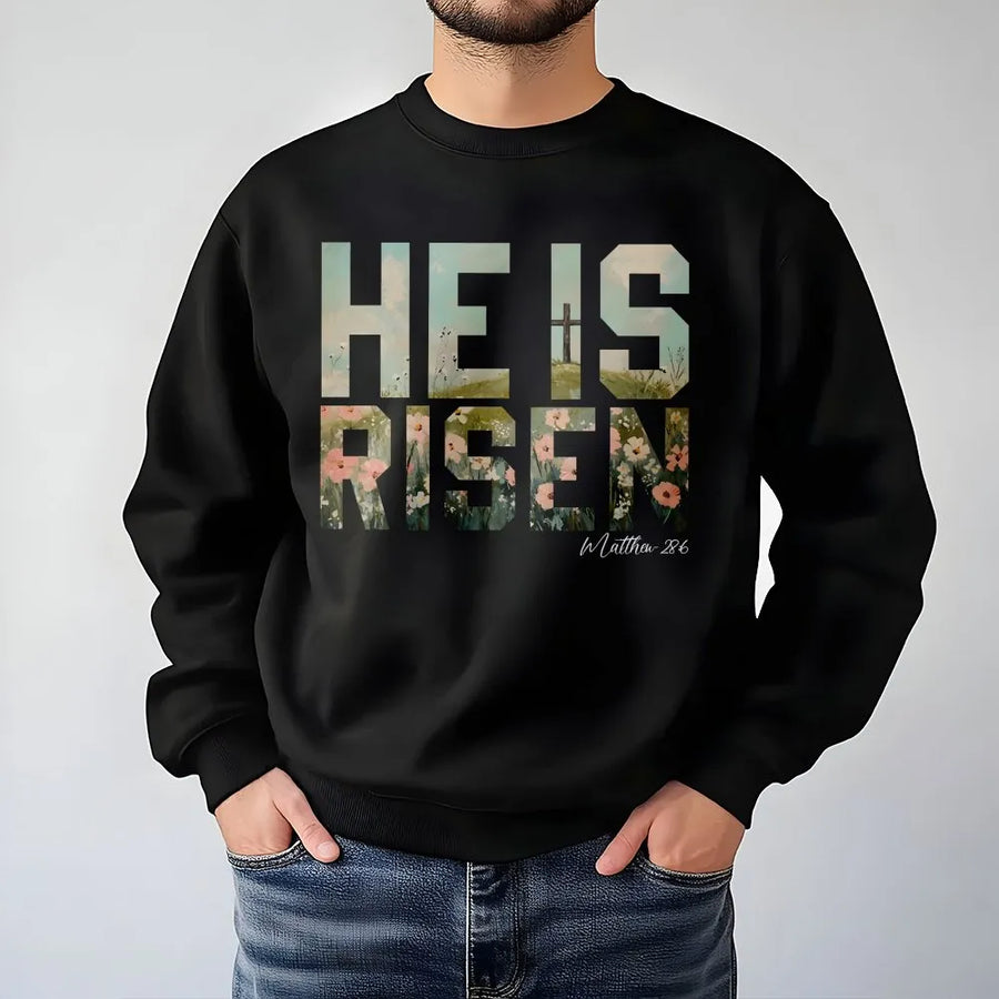 He Is Risen Sweatshirt | Wildflower Easter Christian Cross Design | Premium Cotton Blend Crewneck | Religious Gift for Women and Men