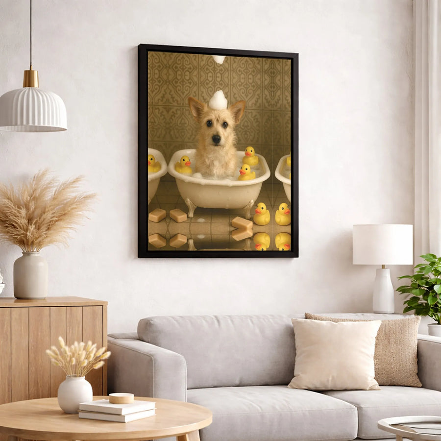 Cute Terrier Bathtub Canvas Art | Dog With Rubber Ducks Bubbles | Premium Gallery Wrap Print | Whimsical Bathroom Home Decor Wall Art