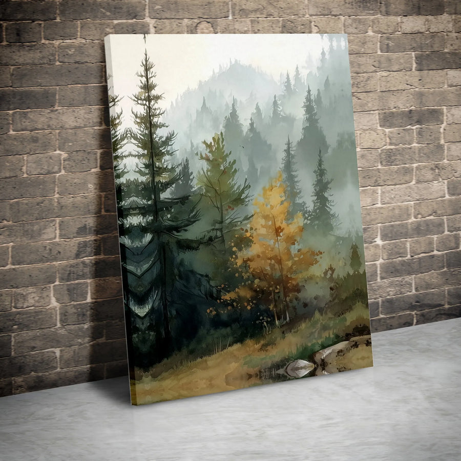 Misty Forest Wall Art | Watercolor Autumn Tree Landscape Print | Premium 1.25-Inch Gallery Canvas | Nature Lover Home Decor Gift