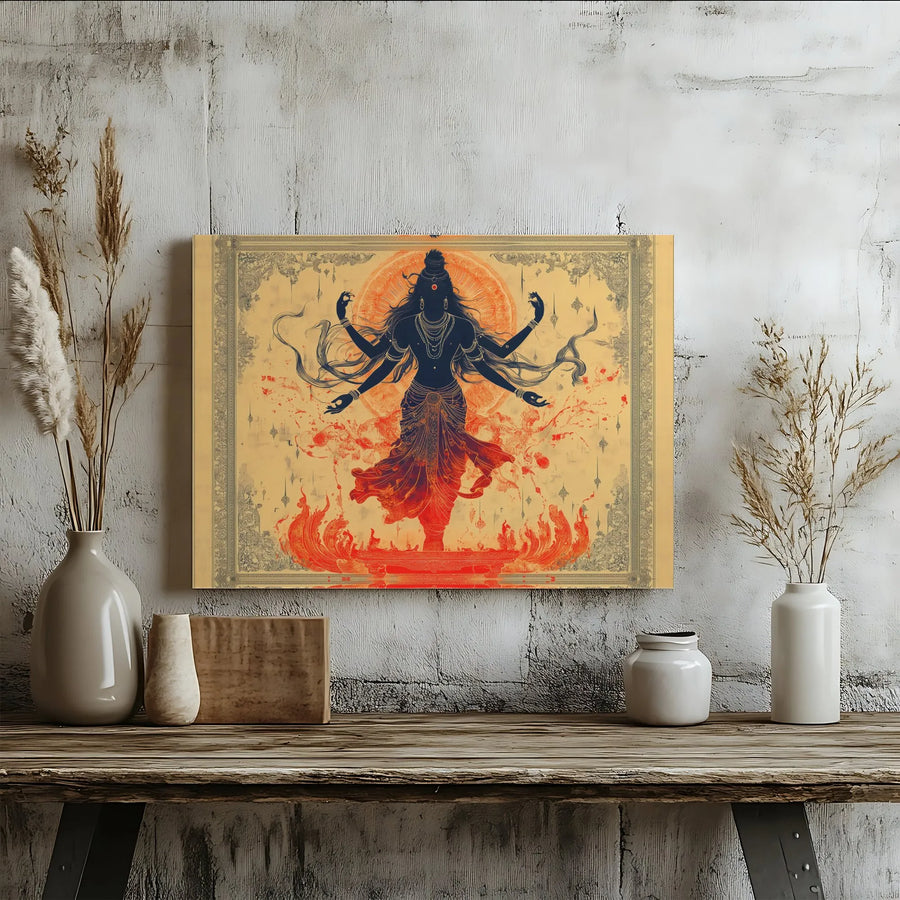 Lord Shiva Cosmic Dance Horizontal Canvas | Hindu Deity Silhouette Wall Art, Mystic Gold Orange Fire Design | Fade-Resistant High-Resolution Ink, Premium Frameless Wrap | Spiritual Meditation Gift