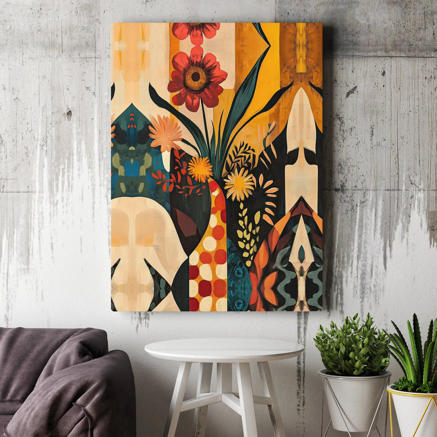 Abstract Floral Canvas Wall Art | Geometric Mid-Century Modern Print | Premium Gallery Wrap 1.25" Profile | Vibrant Home Office Decor Gift