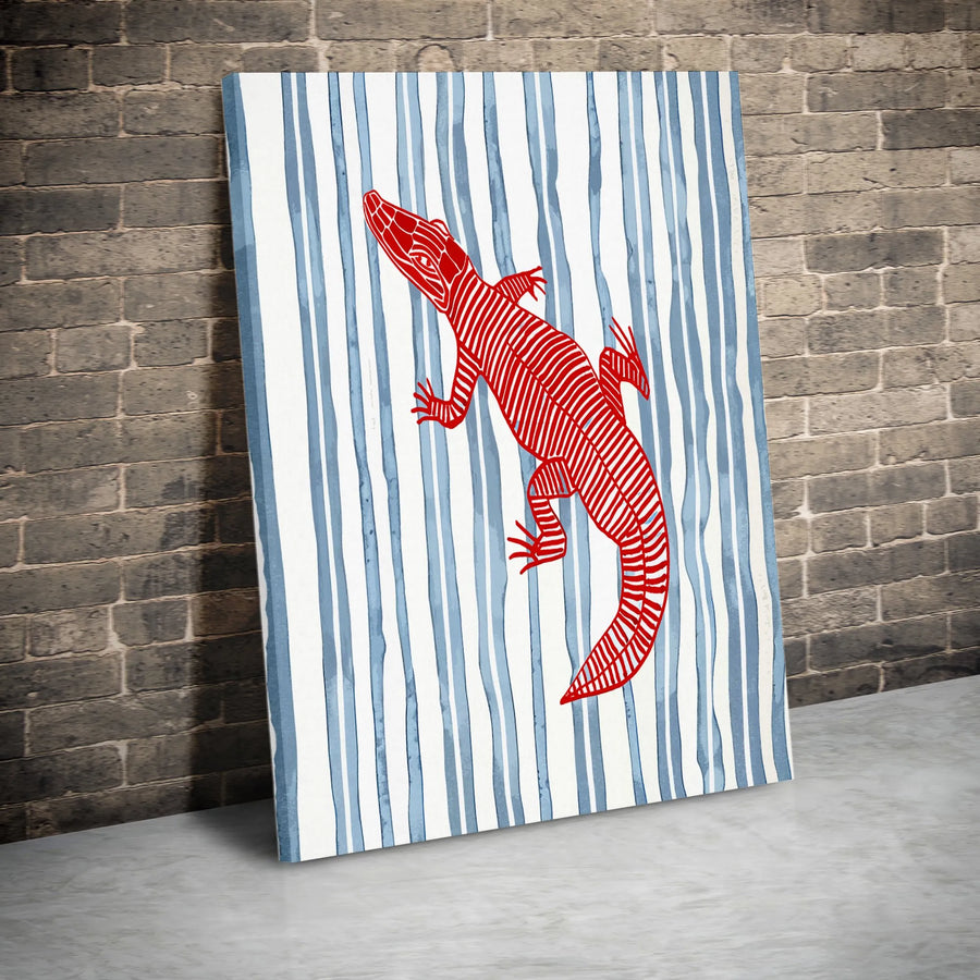 Alligator Wall Art | Abstract Red Gator Print on Blue Striped Background | Premium Gallery-Wrapped Canvas | Modern Wildlife Home Decor Gift