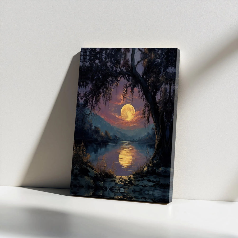 Full Moon Lake Canvas Wall Art | Serene Night Landscape Painting | Gallery Wrapped 1.25” Thick Premium Print | Nature Decor Gift for Home Office