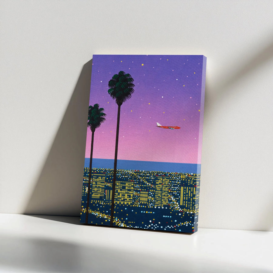 Retro Cityscape Canvas Print | Vaporwave Palm Trees at Night | Premium Gallery Wall Art | 80s Style Home Decor Gift