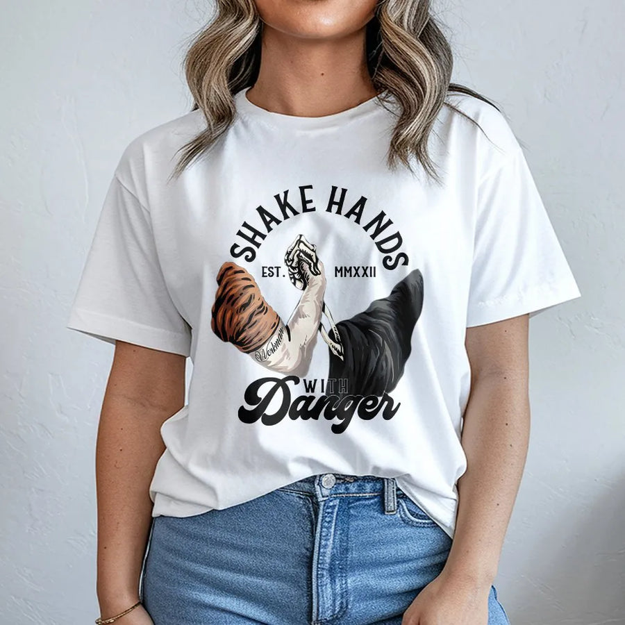 Shake Hands With Danger T-Shirt | Arm Wrestling Skeleton Graphic | Premium Soft Cotton Tee | Gritty Blue Collar Gift For Men And Women