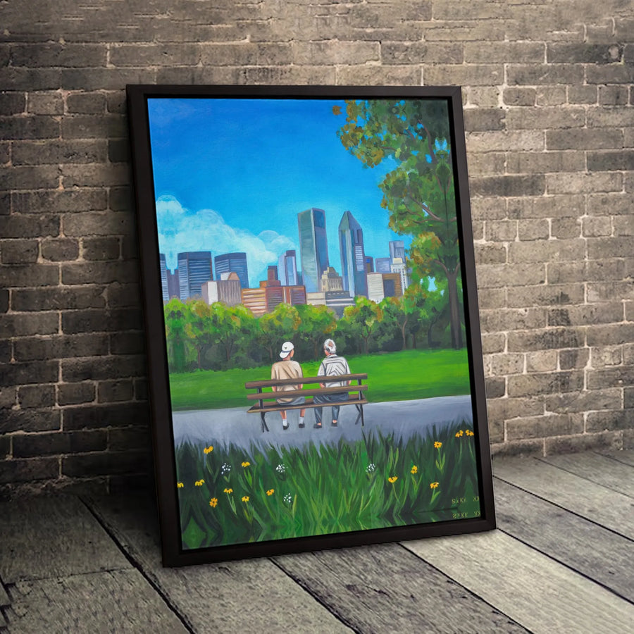 City Skyline Canvas Print | Men On Park Bench Wall Art | 1.25-Inch Gallery Wrap | Premium Urban Landscape Gift For Living Room