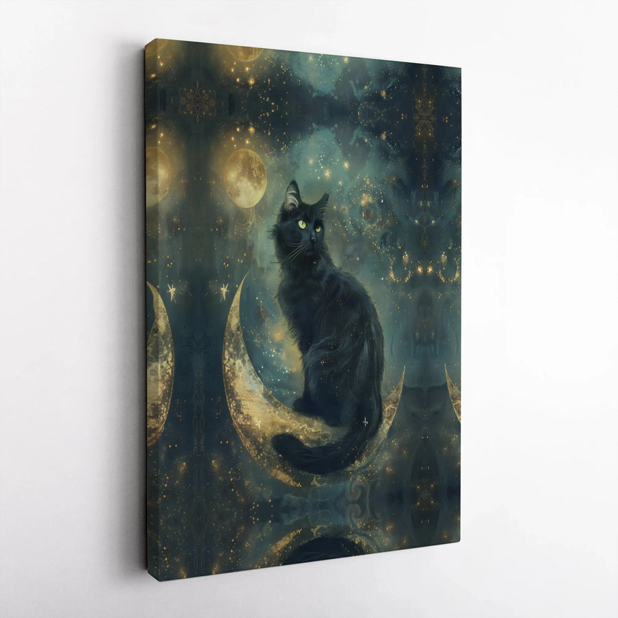 Black Cat Wall Art | Crescent Moon Celestial Night Sky Print | Premium Gallery-Wrapped Canvas | Witchy Home Decor & Cat Lover Gift
