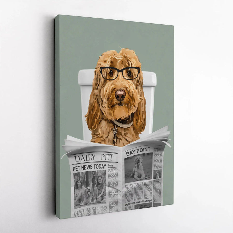 Funny Dog Reading Newspaper On Toilet Canvas | Whimsical Goldendoodle Bathroom Wall Art | Premium Gallery Wrapped Decor | Unique Gift For Dog Lovers