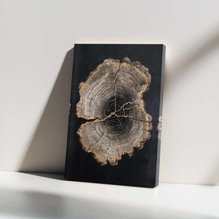 Tree Ring Canvas Print | Abstract Wood Slice with Gold Veins | Premium Gallery Wrapped Canvas | Rustic Modern Home Decor Gift