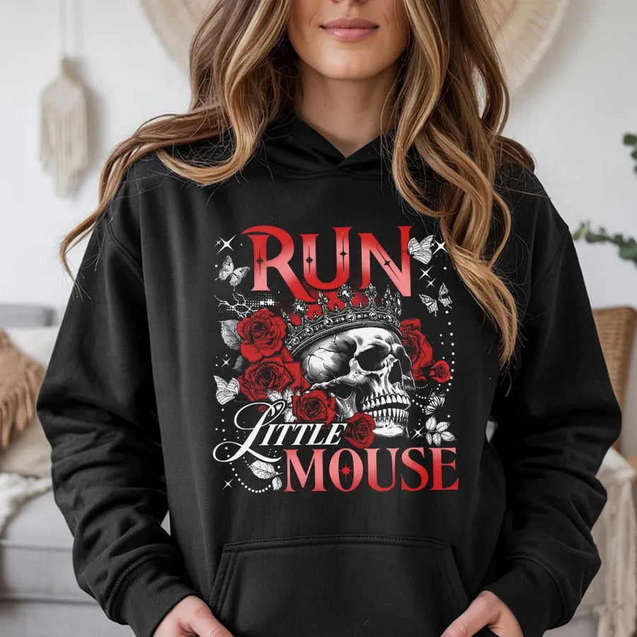 Run Little Mouse Hoodie | Gothic Skull and Rose Graphic Design | Premium Cotton Blend | Dark Romance Bookish Gift for Readers