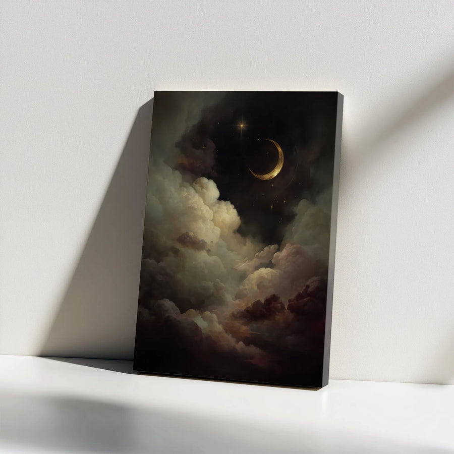 Golden Crescent Moon Canvas Print | Celestial Cloudy Night Sky Wall Art | 1.25” Gallery Wrap | Moody Aesthetic Decor For Bedroom Or Office