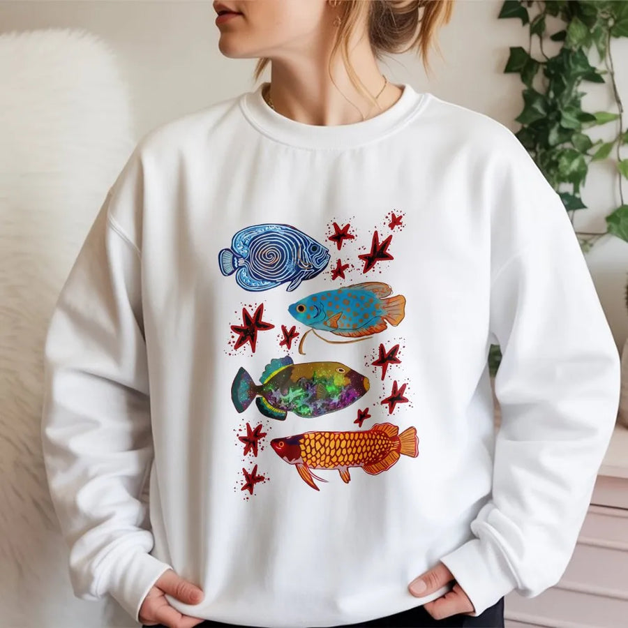 Colorful Fish Graphic Sweatshirt | Y2K Aquarium Aesthetic Tropical Fish Art | Soft Cotton T-Shirt | Trendy Streetwear Gift for Her