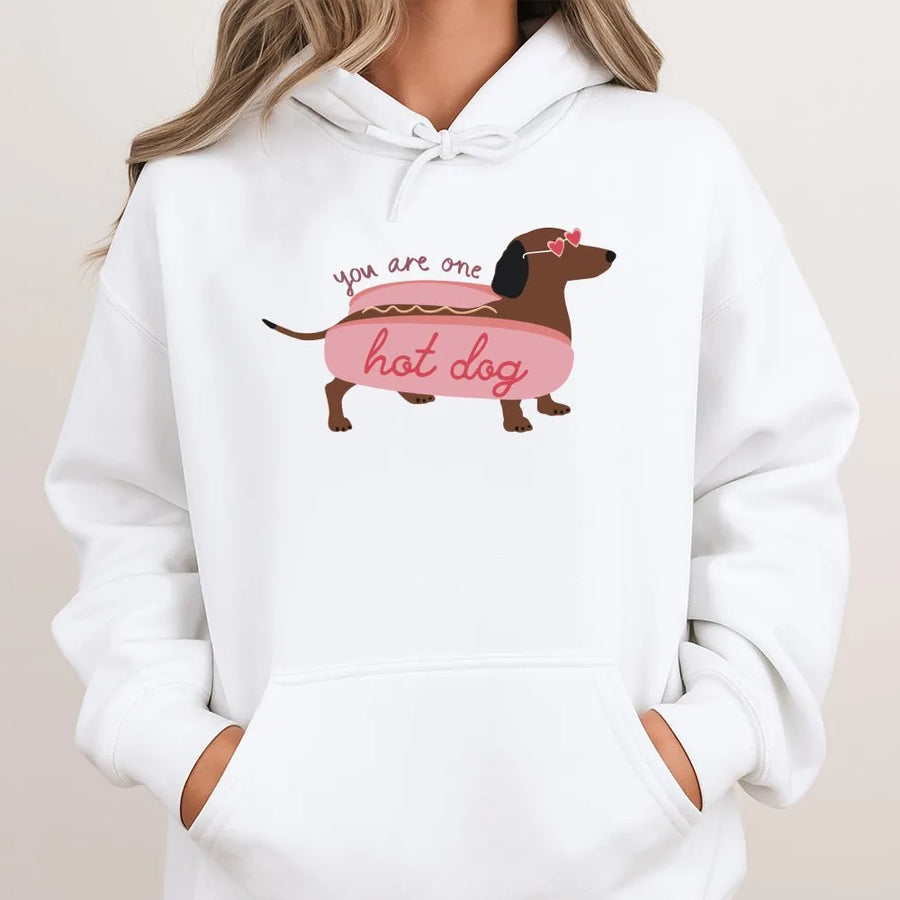 Funny Dachshund Hoodie | 'You Are One Hot Dog' Wiener Dog Pun | Cozy Cotton-Blend Sweatshirt | Cute Valentine's Day Gift for Dog Lovers