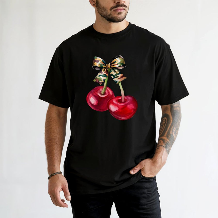 Cherry Camo Bow T-Shirt | Trendy Coquette Aesthetic Graphic Tee | 100% Premium Cotton | Cute Fruit Lover Gift for Women