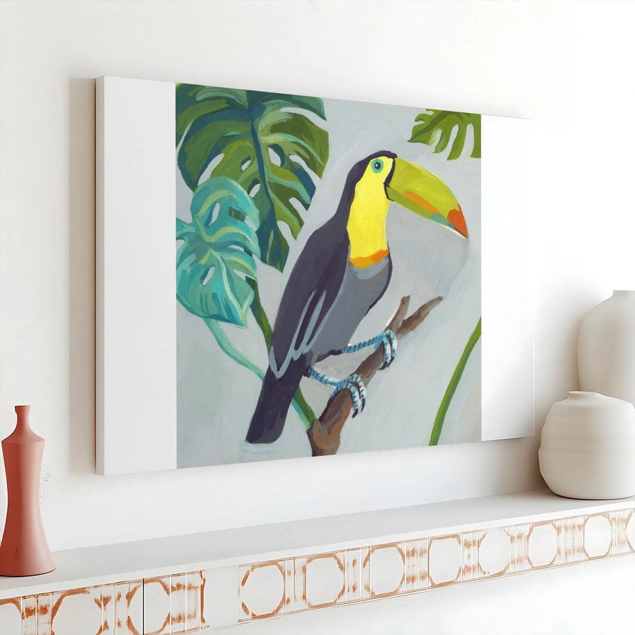 Tropical Toucan Canvas Wall Art | Modern Painterly Bird Print with Monstera Leaves | Premium 1.25" Thick Gallery Wrap | Boho Jungle Home Decor Gift