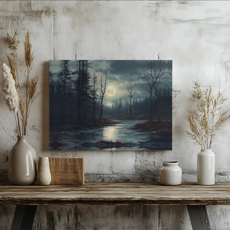 Gothic Forest Moon Canvas Print | Atmospheric Full Moon River Painting | Premium Gallery Wrap Wall Art | Dark Academia & Spooky Home Decor Gift