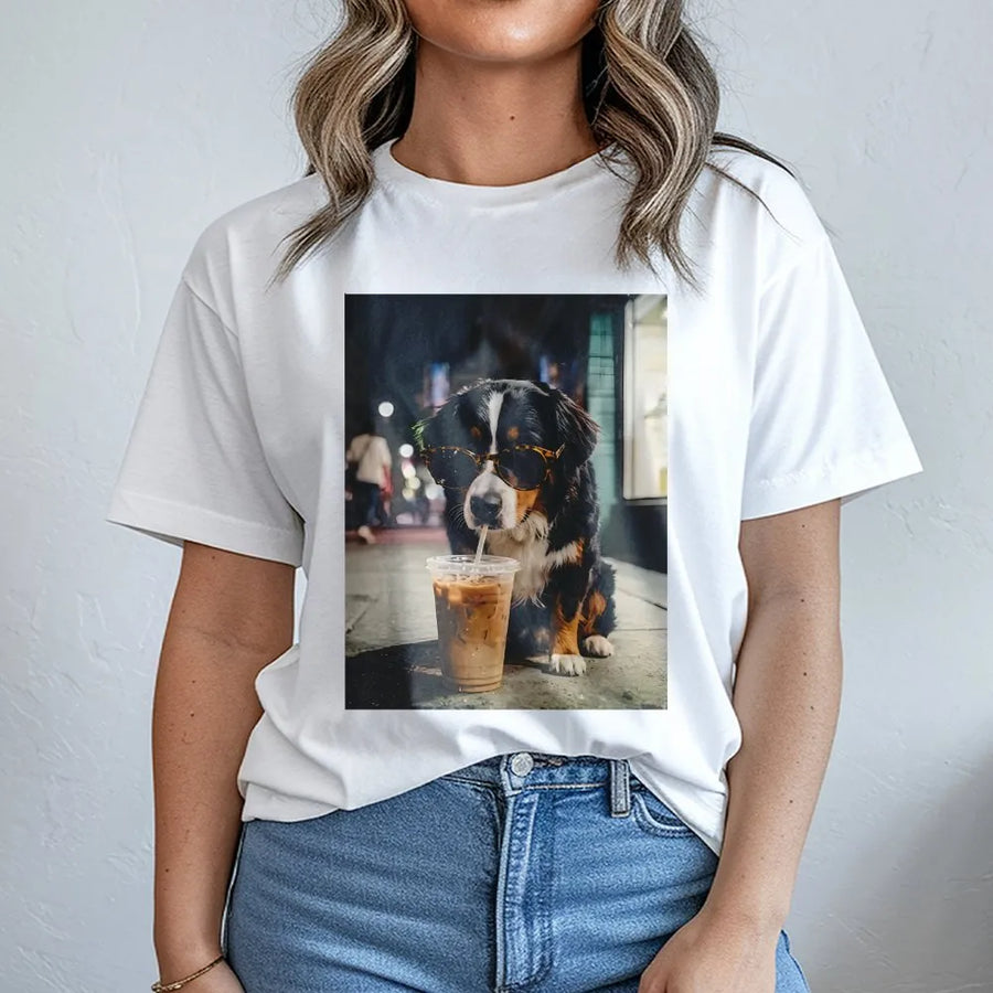 Cool Bernese Mountain Dog T-Shirt | Dog with Sunglasses Drinking Iced Coffee | Premium Graphic Tee | Gift for Dog Lover & Coffee Addict