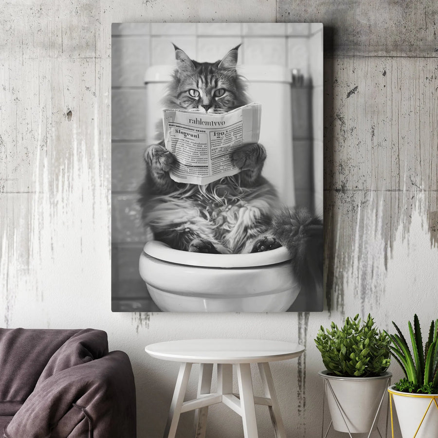 Funny Cat On Toilet Canvas Print | Black and White Animal Photography | Premium Thick Gallery Wrap | Funny Bathroom Decor Gift for Cat Lovers