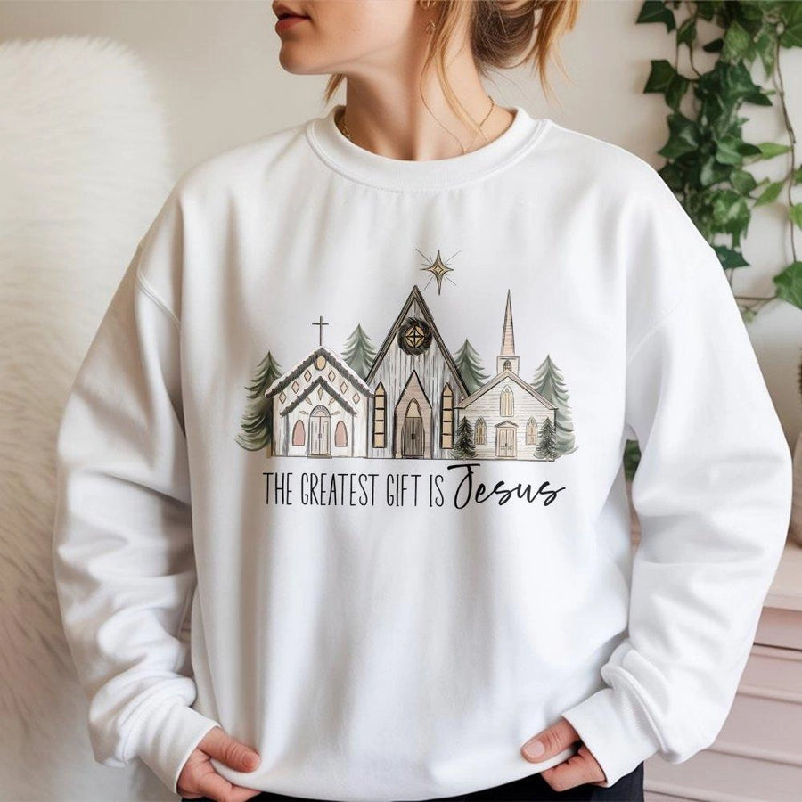 The Greatest Gift Is Jesus Sweatshirt | Christian Christmas Church Graphic | Premium Cotton Blend Crewneck | Religious Holiday Faith Gift for Women Men