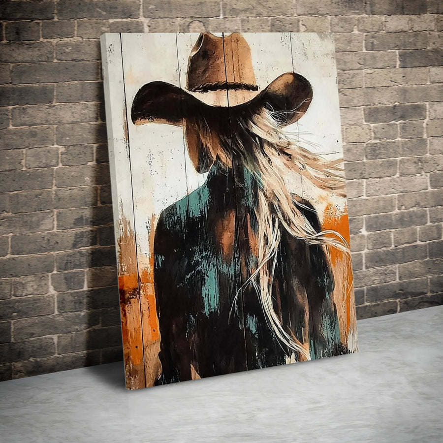 Rustic Cowgirl Canvas Wall Art | Western Painting with Wood Plank Effect | Premium 1.25" Thick Gallery Wrap | Farmhouse Home Decor Gift for Her