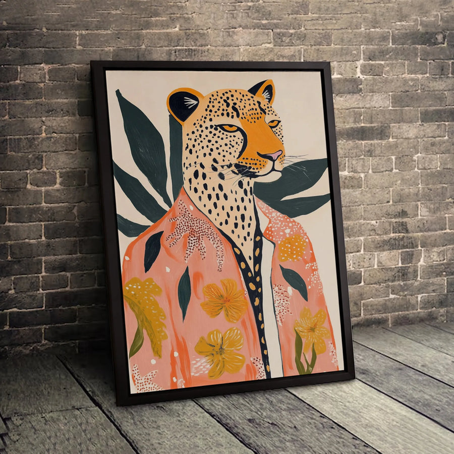 Leopard Portrait Canvas Art | Boho Pink Floral Jacket Print | Premium Gallery Wrapped Wall Decor | Whimsical Animal Home Gift