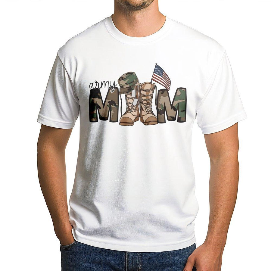 Army Mom T-Shirt | Camo Military Lettering & American Flag Graphic | Premium Cotton Unisex Tee | Proud Soldier Mother Gift Apparel