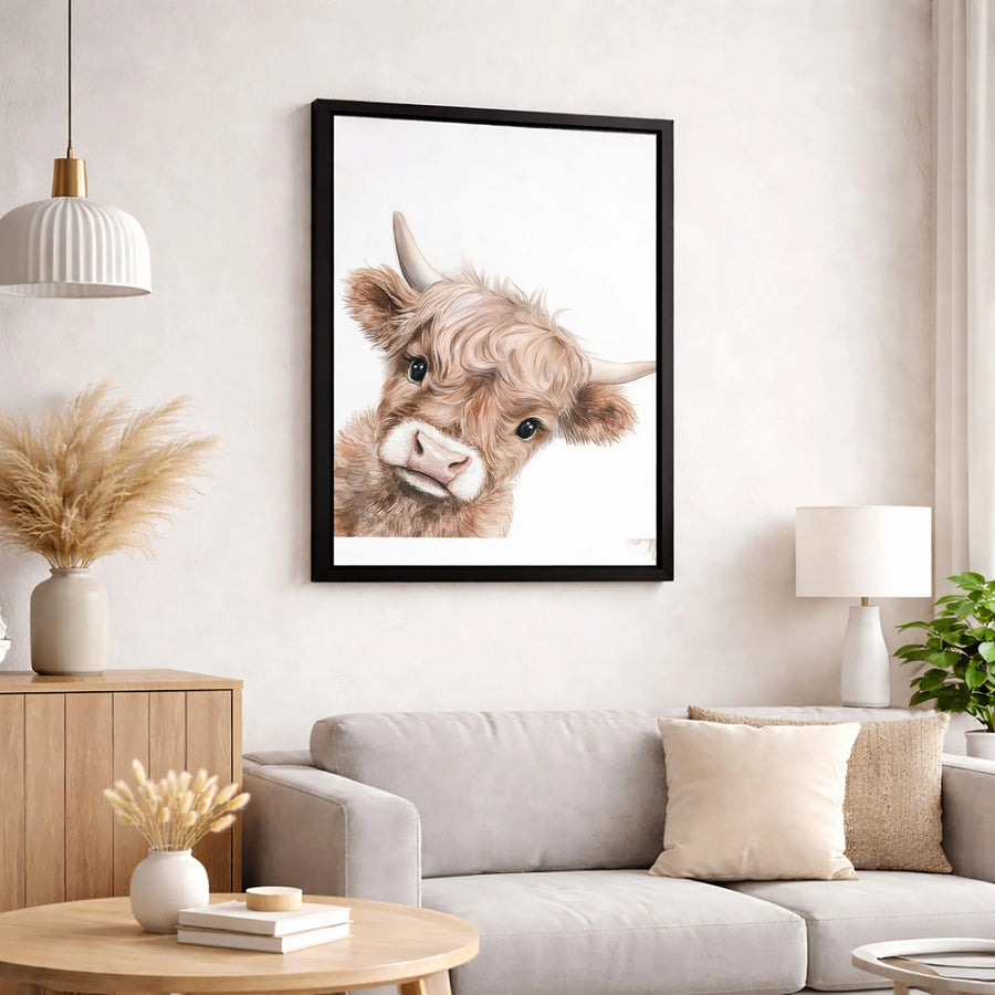 Baby Highland Cow Wall Art | Cute Farm Animal Watercolor Portrait | Premium 1.25-Inch Gallery Wrapped Canvas | Nursery & Home Decor Gift