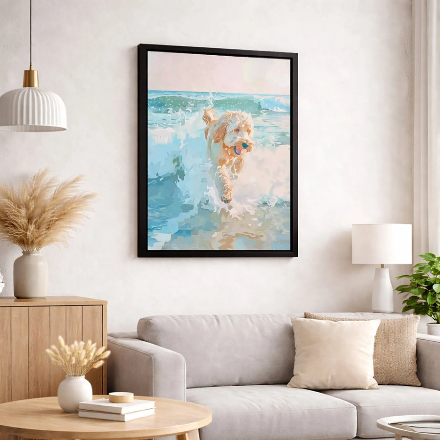 Goldendoodle Dog Canvas Wall Art | Ocean Beach Summer Painting | Premium Gallery Wrap 1.25" Profile | Dog Lover Gift for Home Decor