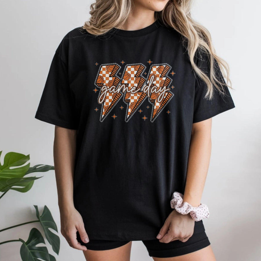 Game Day Basketball T-Shirt | Checkerboard Lightning Bolt Design | Premium Soft Cotton Tee | Sports Fan Gift for Basketball Mom & Players