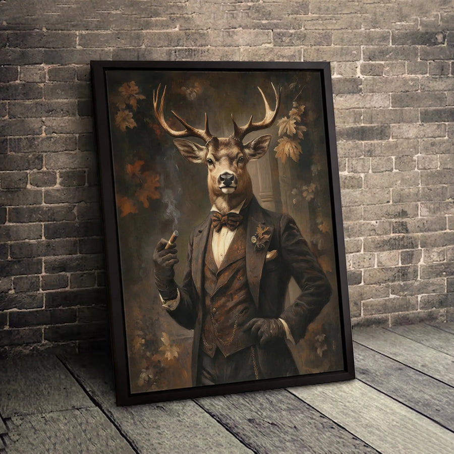 Gentleman Deer Wall Art | Anthropomorphic Stag in Suit Smoking Cigar Portrait | Premium 1.25" Gallery Canvas | Unique Man Cave Office Decor
