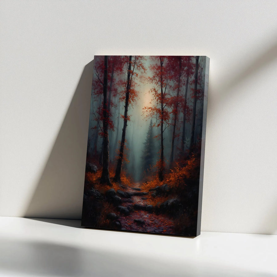 Misty Autumn Forest Canvas Wall Art | Moody Red Tree Landscape Print | Premium 1.25" Gallery Wrap | Nature-Inspired Home Decor Gift