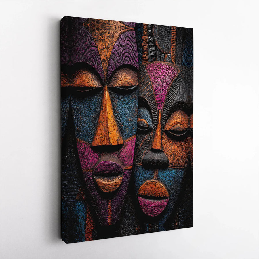 African Mask Canvas Wall Art | Colorful Textured Abstract Tribal Decor | Premium Gallery Wrap Print | Cultural Living Room Home Gift