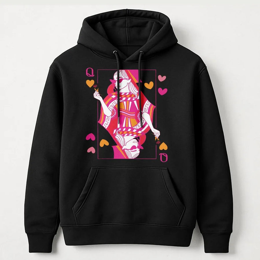 Queen of Hearts Playing Card Hoodie | Aesthetic Retro Graphic Print | Premium Soft Cotton Blend | Trendy Valentine Gift for Women