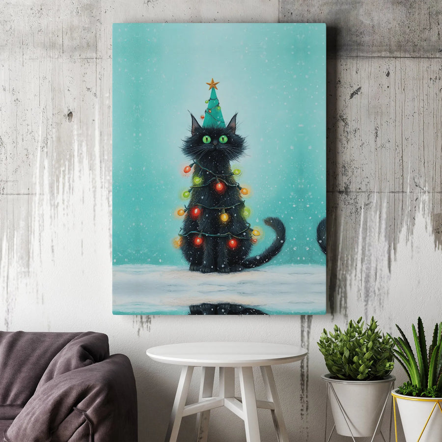 Black Cat Christmas Tree Canvas Print | Whimsical Holiday Wall Art | 1.25-Inch Gallery Wrap | Festive Pet Lover Gift for Home Decor
