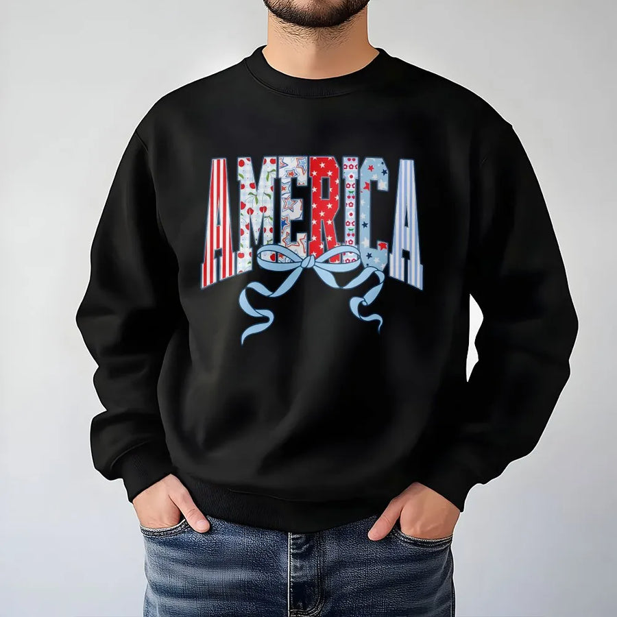 Coquette 4th of July Sweatshirt | Retro America Bow Graphic | Soft Cotton USA Tee | Cute Patriotic Independence Day Gift for Her