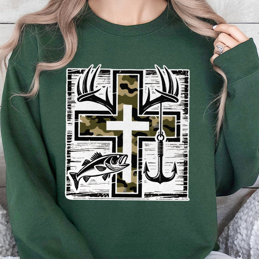 Fishing Cross Sweatshirt | Camo Deer Antler and Bass Graphic | Premium Cotton Blend | Christian Outdoor Apparel Gift for Men and Women
