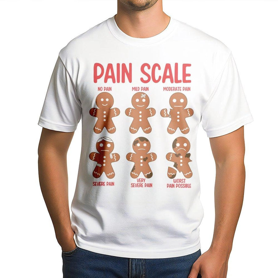 Pain Scale Gingerbread T-Shirt | Funny Christmas Nurse Graphic Tee | Soft 100% Cotton Gift for Nurses | Holiday Medical Humor Apparel
