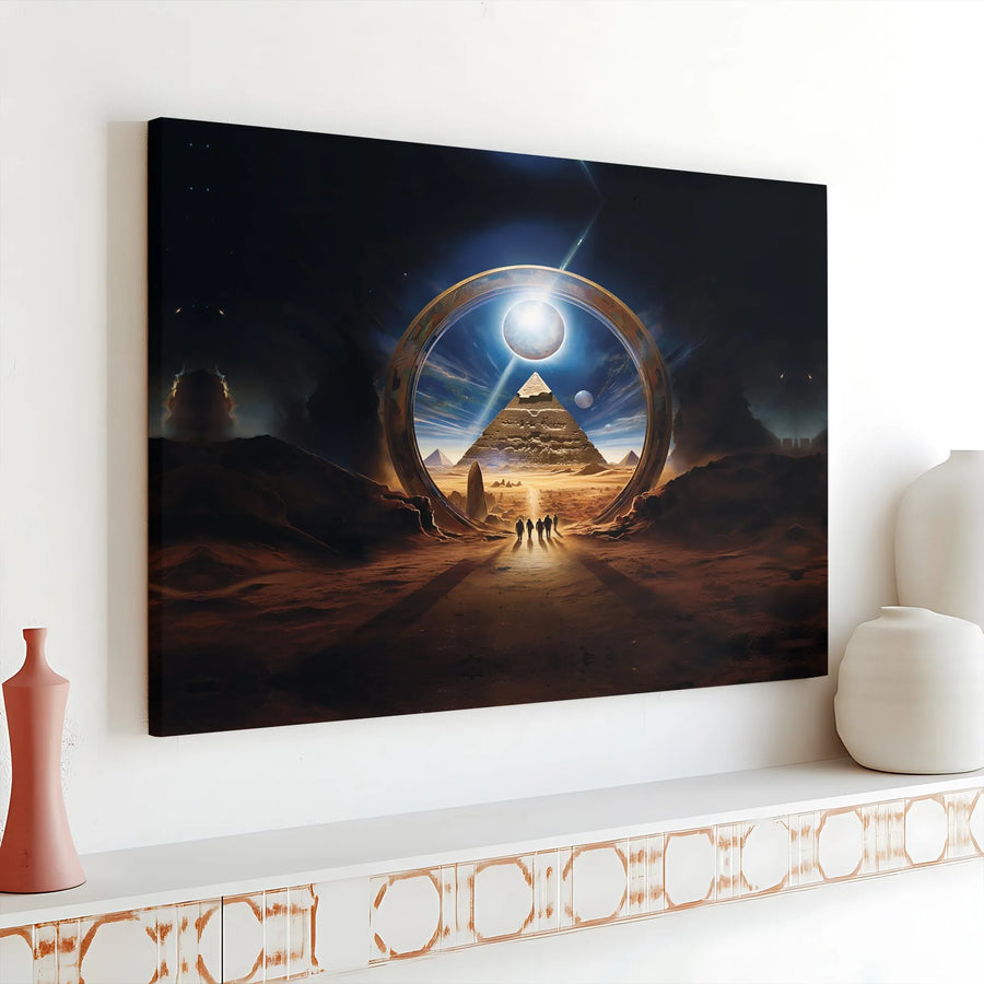 Egyptian Pyramid Canvas Art | Surreal Sci-Fi Portal Wall Decor | Premium Gallery Wrap Print | Modern Living Room Home Office Gift