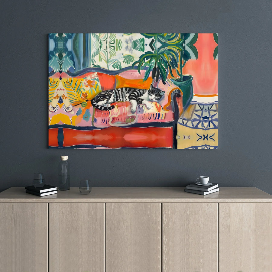 Sleeping Tabby Cat Canvas Print | Colorful Fauvist Home Decor Wall Art | Premium Gallery-Wrapped Stretched Canvas | Artistic Gift for Cat Lovers