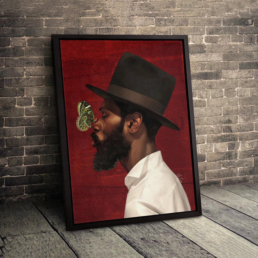 Black Man Portrait Canvas Art | Bearded Gentleman With Butterfly Print | Premium Gallery Wrap Wall Decor | Modern Afrocentric Living Room Gift