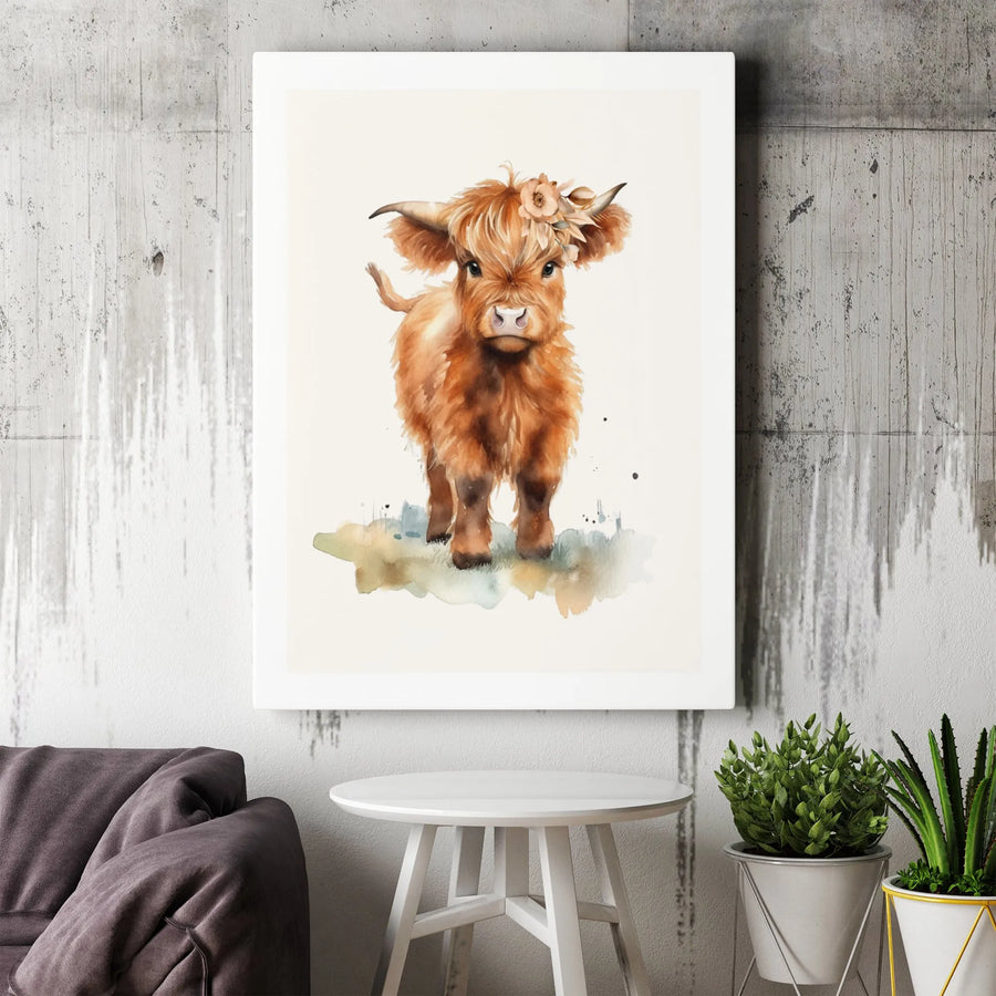 Baby Highland Cow Wall Art | Watercolor Flower Crown Print | Premium 1.25" Gallery Canvas | Farmhouse Nursery Decor Gift