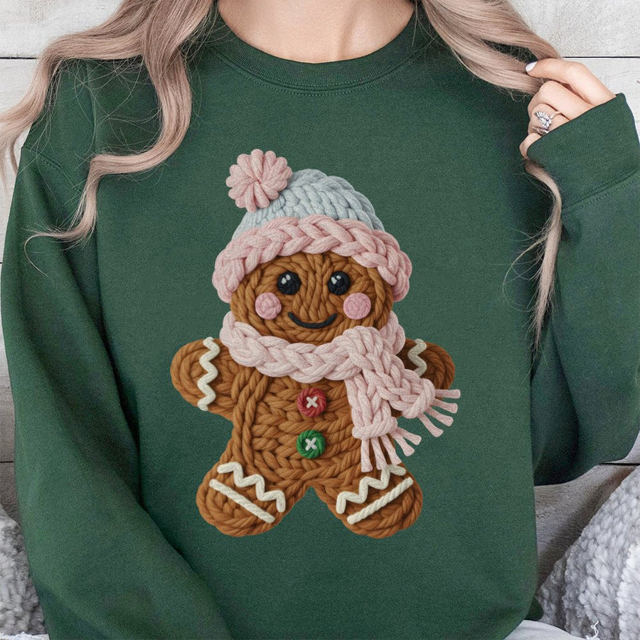 Cute Gingerbread Man Sweatshirt | Yarn Knit Texture Design | Premium Cotton Blend | Christmas Holiday Gift for Her