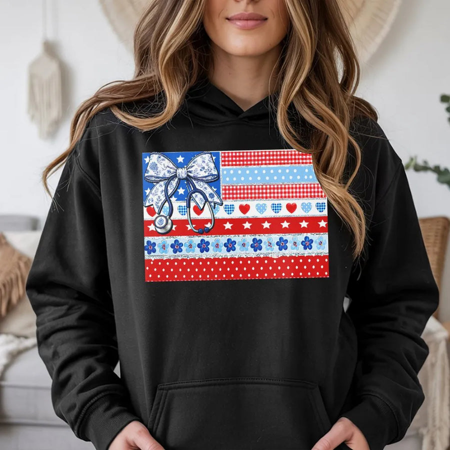 Patriotic Nurse Hoodie | American Flag Coquette Bow Graphic | Soft Cotton Blend Sweatshirt | 4th of July Gift for RN LPN
