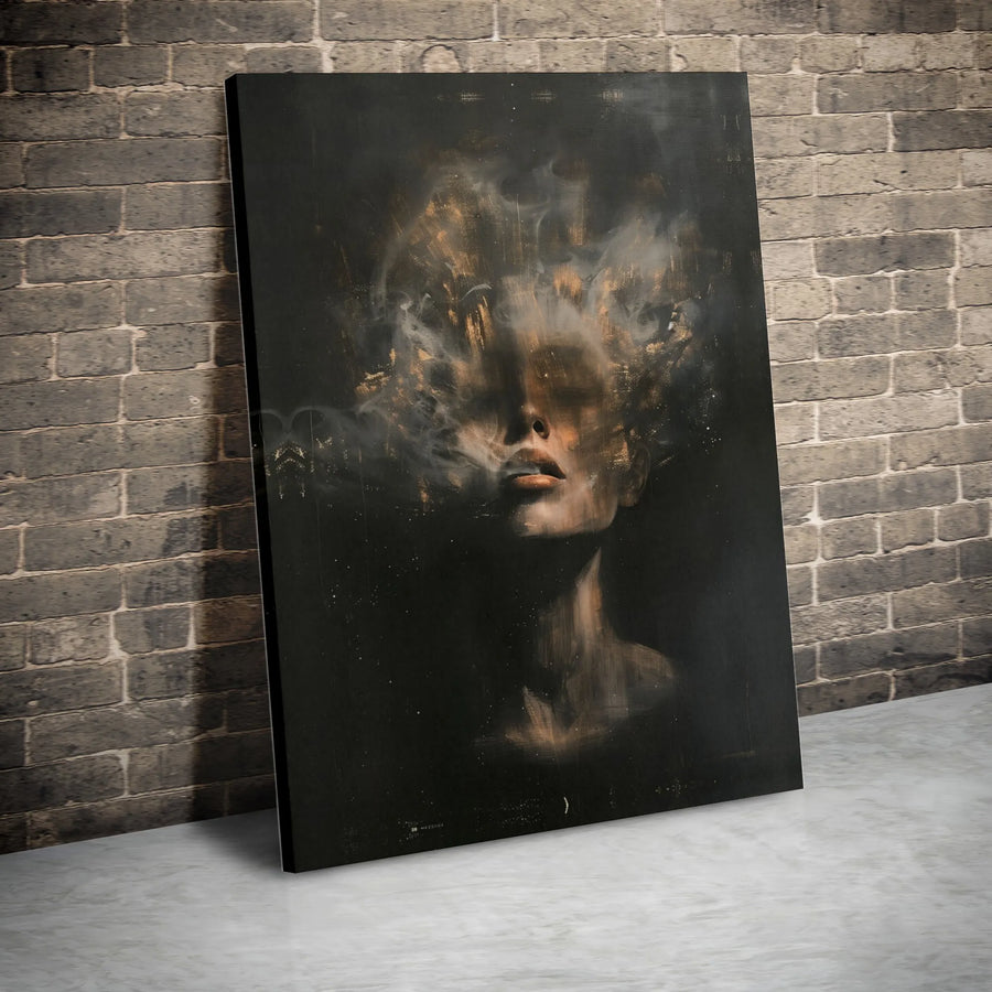 Abstract Woman Canvas Wall Art | Golden Smoke Portrait Print | Premium Gallery Wrapped 1.25 Inch Profile | Modern Home & Office Decor Gift
