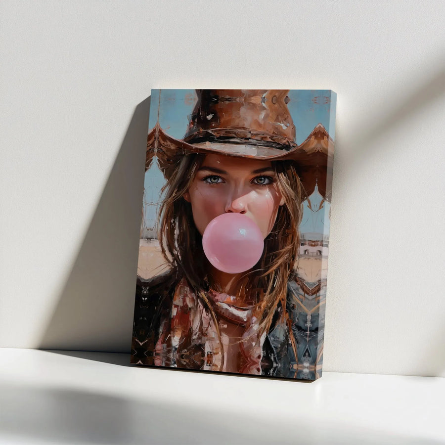 Cowgirl Canvas Wall Art | Bubblegum Cowgirl Portrait | Premium Textured Canvas | Modern Western Home Decor Gift