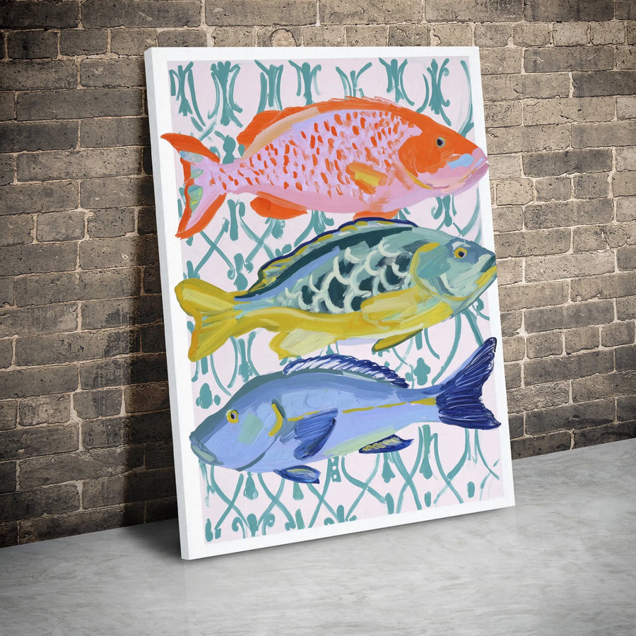 Coastal Fish Wall Art Canvas | Colorful Painterly Marine Trio Print | Premium 1.25" Gallery Wrap | Nautical Home Decor Gift for Beach House