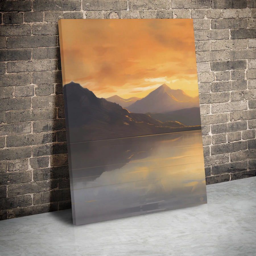 Mountain Landscape Wall Art | Golden Sunset Lake Reflection | Gallery Wrapped Premium Canvas | Modern Nature Decor for Living Room