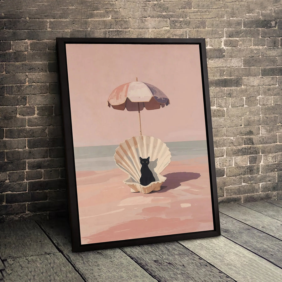 Black Cat Wall Art | Surreal Seashell Beach Illustration | 1.25-Inch Premium Gallery Canvas | Unique Coastal Home Decor Gift for Cat Lovers