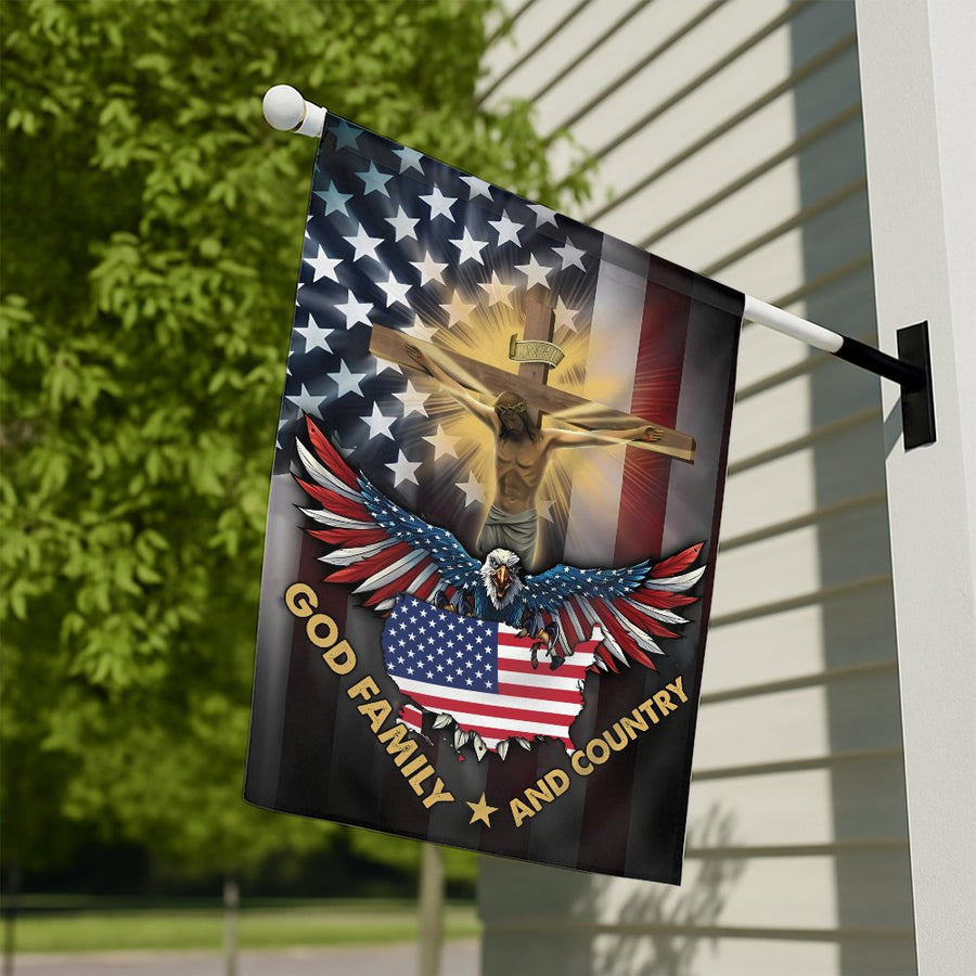 God Family And Country Flag | American Eagle and Jesus Cross Design | Premium Fade-Resistant Polyester | Patriotic Garden Decor House Flag Gift